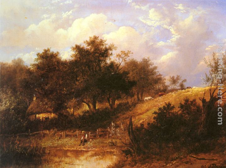 Landscape with figure resting beside a pond painting - Joseph Thors Landscape with figure resting beside a pond art painting